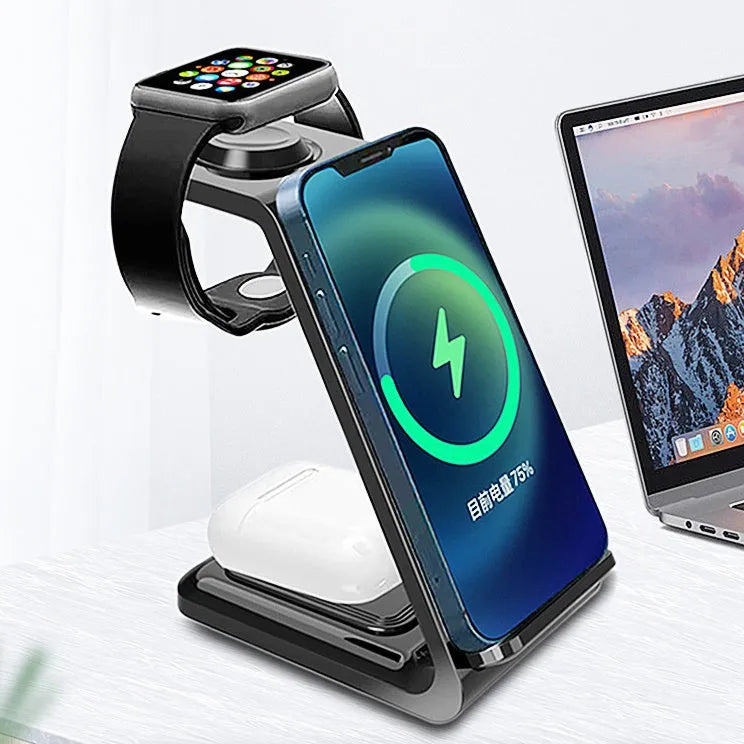 White 3-in-1 wireless charging station with phone upright in holder, watch and earbuds on charging pads