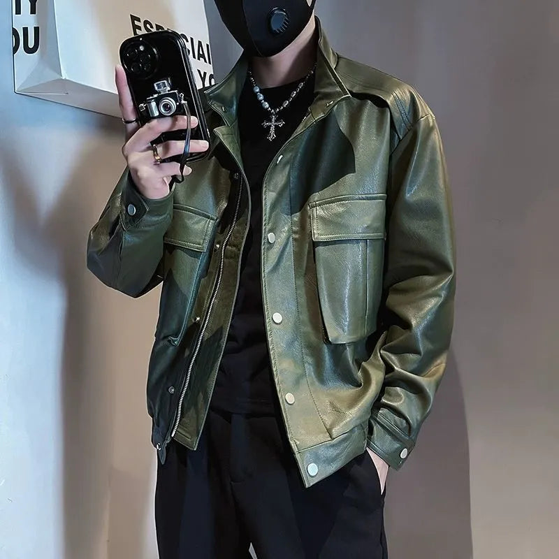 Korean style black PU leather pilot jacket for men with side pockets and straight hem.