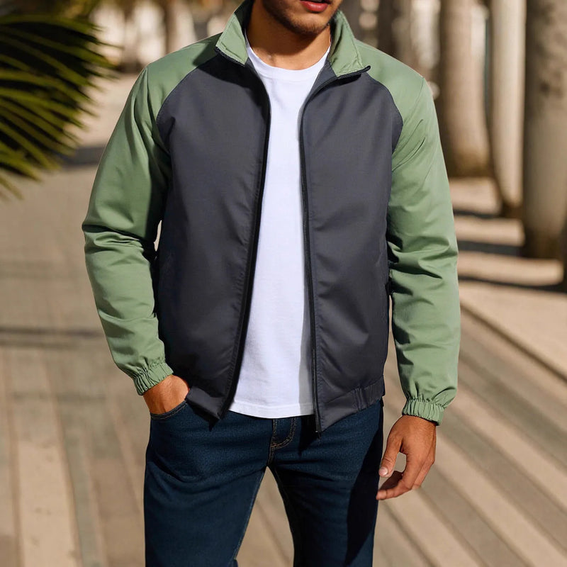 Men's casual coat chemical fibre blend loose fit jacket with stand collar, contrasting colour accents, and raglan long sleeves in green, khaki, or red, available in Asian sizes S to 3XL for a regular length fit.