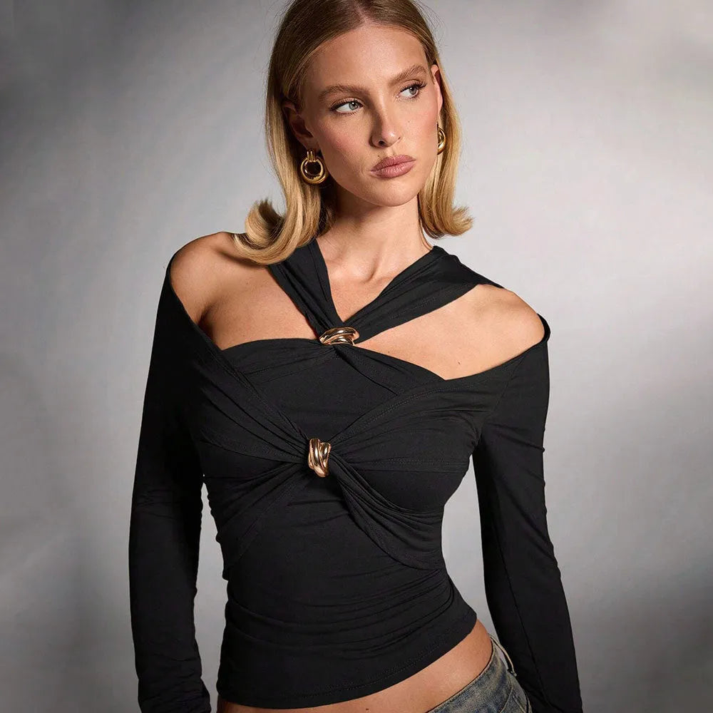 Black women's halter top with strapless design and long sleeves showing slim fit silhouette