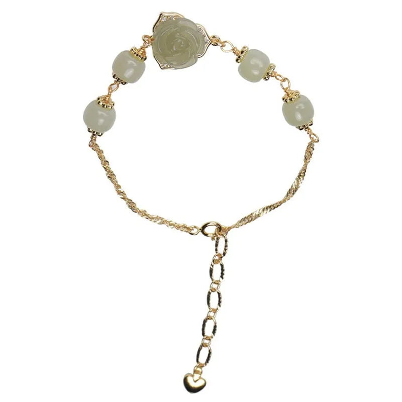 Women's bracelet with Hetian jade rose flower design and 14K gold gilding