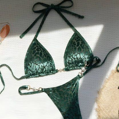 Women's leopard print bikini swimsuit set in various colours including blue and green, shown in triangle and skirt styles.