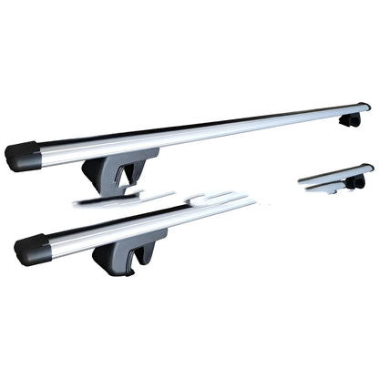 Alloy roof rack crossbars set for a General Motors SUV, showing adjustable length.