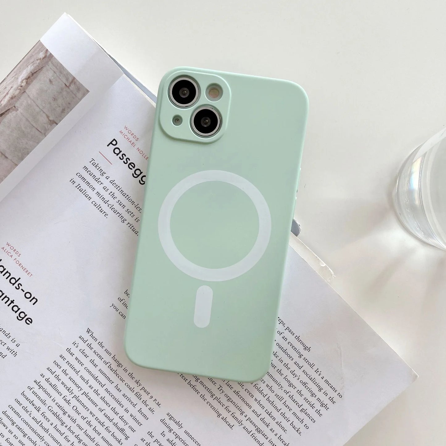 Magnetic TPU back cover case for iPhone in multiple colours, showing MagSafe charging ring.