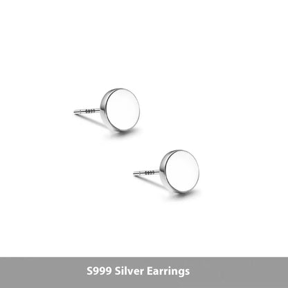 S999 sterling silver round flat bone stud earrings in silver or black, showing size range from 3mm to 8mm.