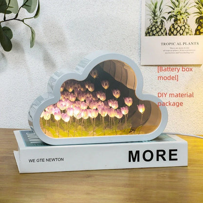 DIY Tulip Night Lamp with decorative mirrors and LED lighting in pink, purple, and blue