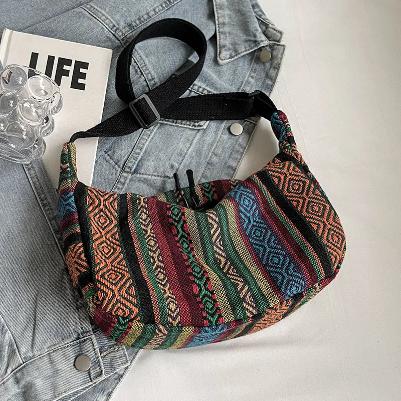 Women's ethnic style canvas crossbody dumpling bag in multiple colours with decorative sewing thread details