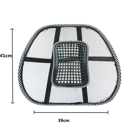 Black lumbar support pillow with steel wire framework for car seats measuring 41x39cm