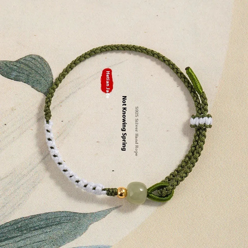 Hetian Jade sterling silver carrying strap bracelet with colourful electroplated cord in national tide style