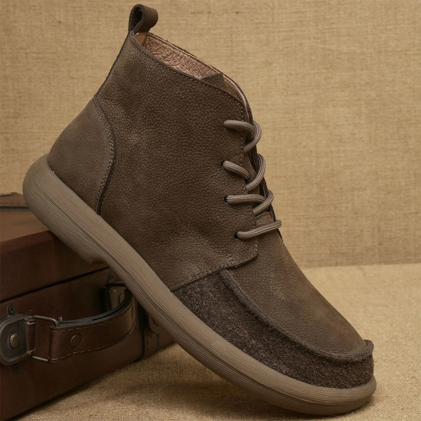 Grey and khaki genuine leather Martin boots with wedge heel and lace-up front