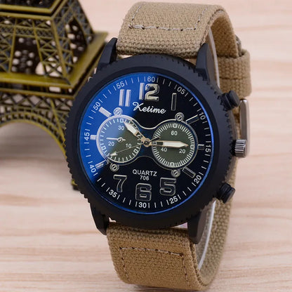 Men's fashion wristwatch with cloth band, 48mm dial, and zinc alloy case
