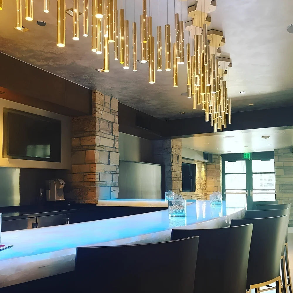 Carved hollow tube bar chandelier in gold and silver mix with 6 LED heads, 1.2m span aluminum alloy
