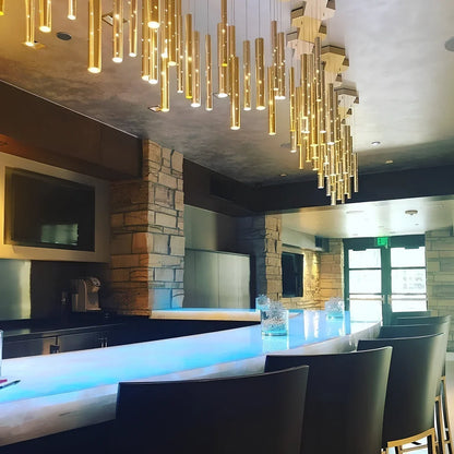 Carved hollow tube bar chandelier in gold and silver mix with 6 LED heads, 1.2m span aluminum alloy