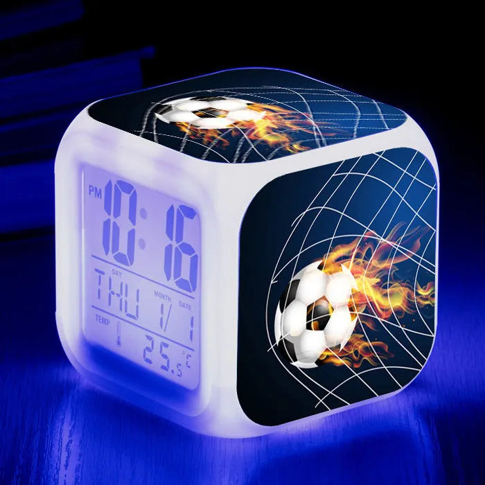 Football pattern digital alarm clock with mute function in compact square design