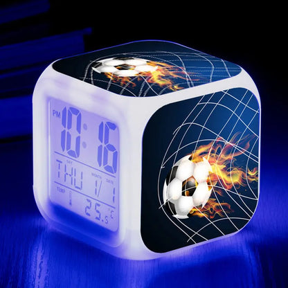 Football pattern digital alarm clock with mute function in compact square design