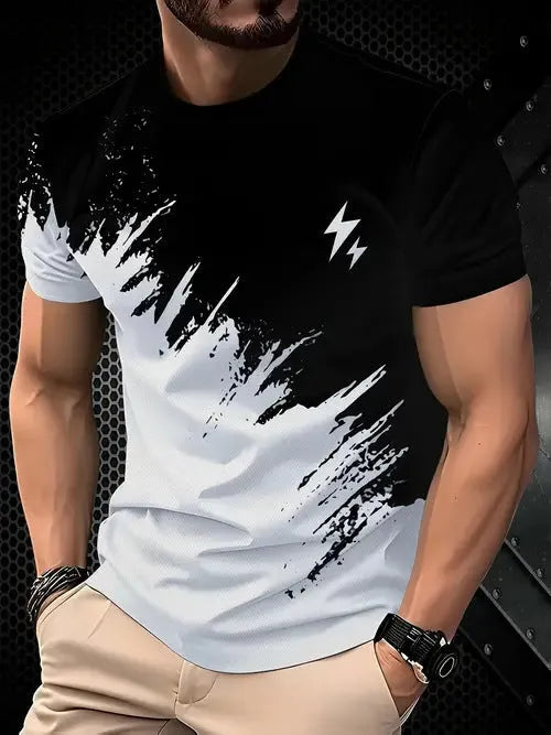 Men's loose fit short sleeve polyester t-shirt shown in available colours: black, gray, white, dark red.