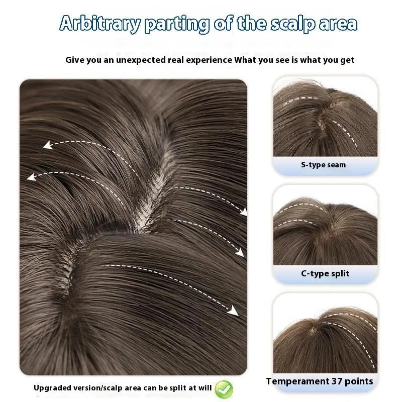 Hazelnut grey brown long curly synthetic wig with care kit on a stand