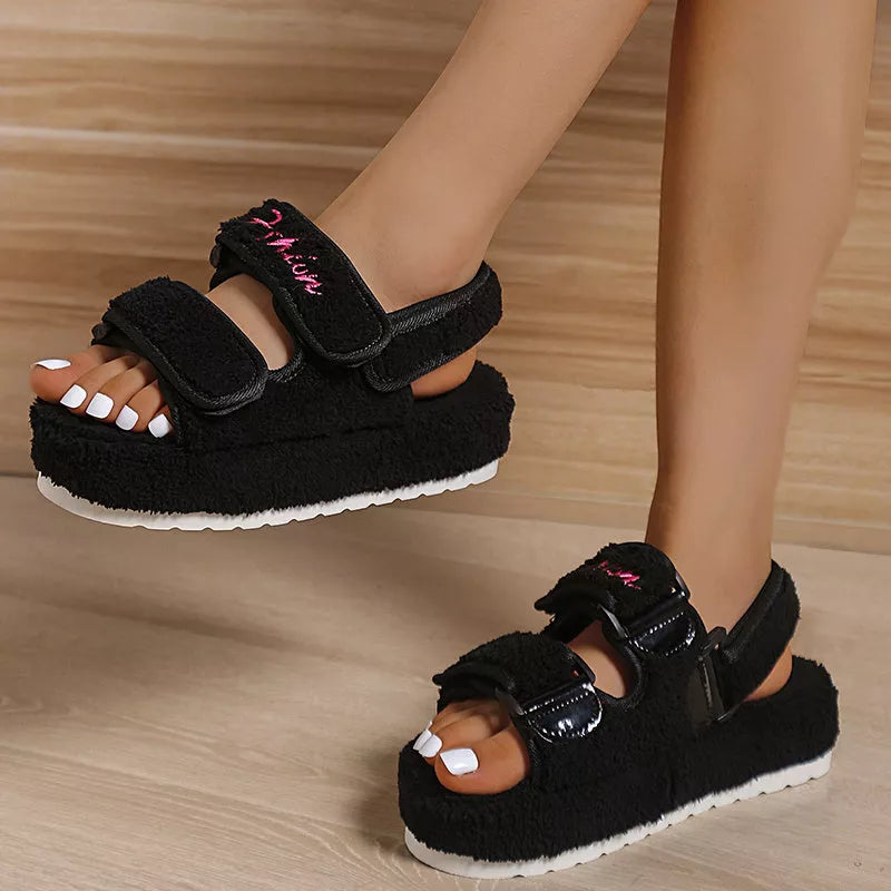 Women's Velcro Plush Rome Platform High Heel Sandals in black, blue, green, and orange