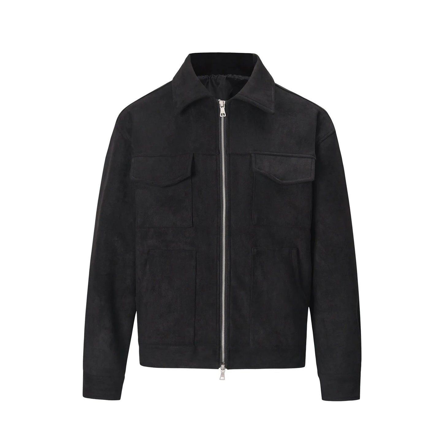 Men's black thickened slim fit jacket with big pockets and a front zipper.