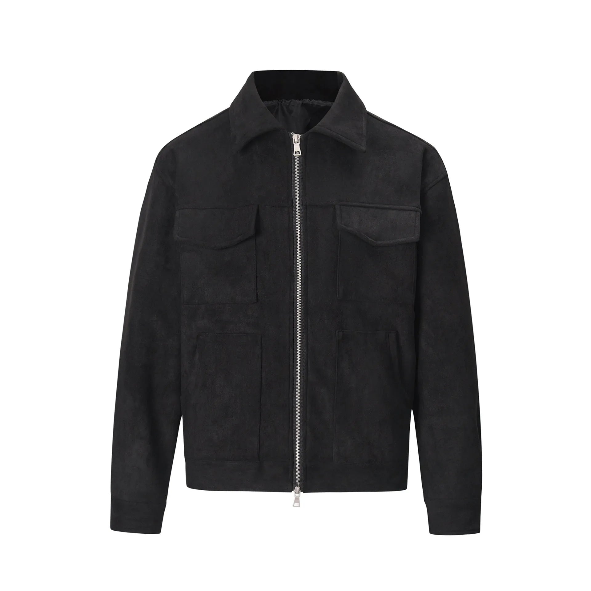 Men's black thickened slim fit jacket with big pockets and a front zipper.