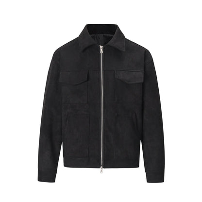 Men's black thickened slim fit jacket with big pockets and a front zipper.