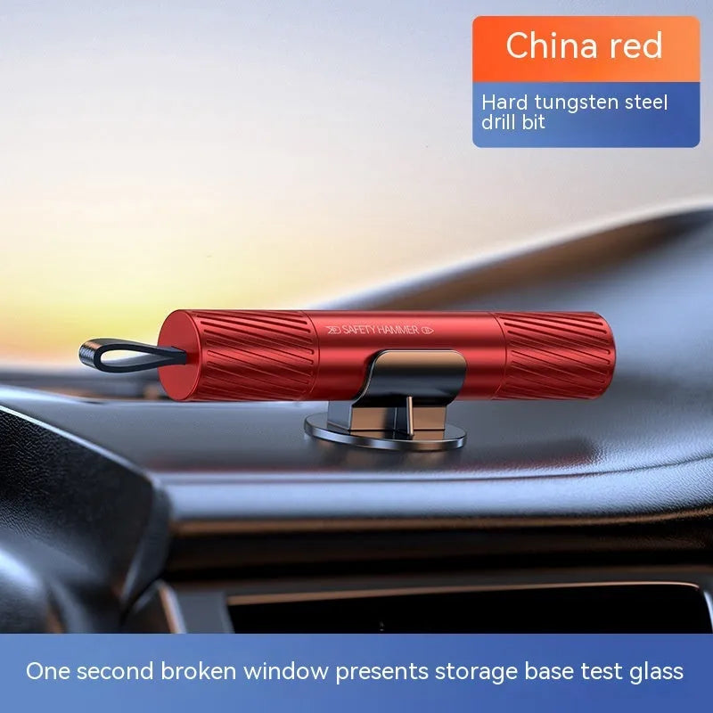 Aluminium alloy car safety hammer with a hardened steel tip for breaking windows and cutting seatbelts.