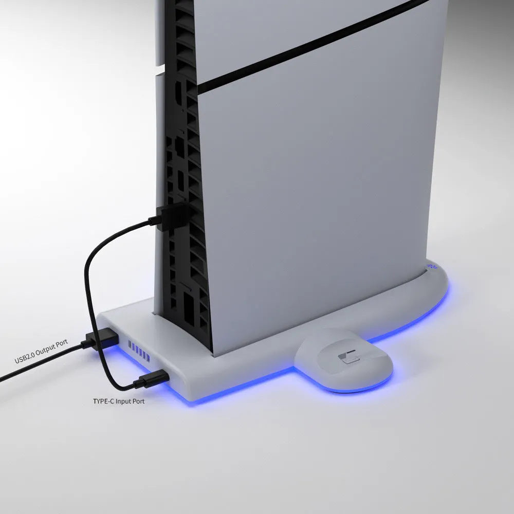 White PS5 Slim multi-function charging dock with cooling fan and RGB ambient lighting.