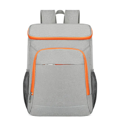 Large Oxford cloth backpack for outdoor thermal picnics with curved shoulder straps in grey with orange accents
