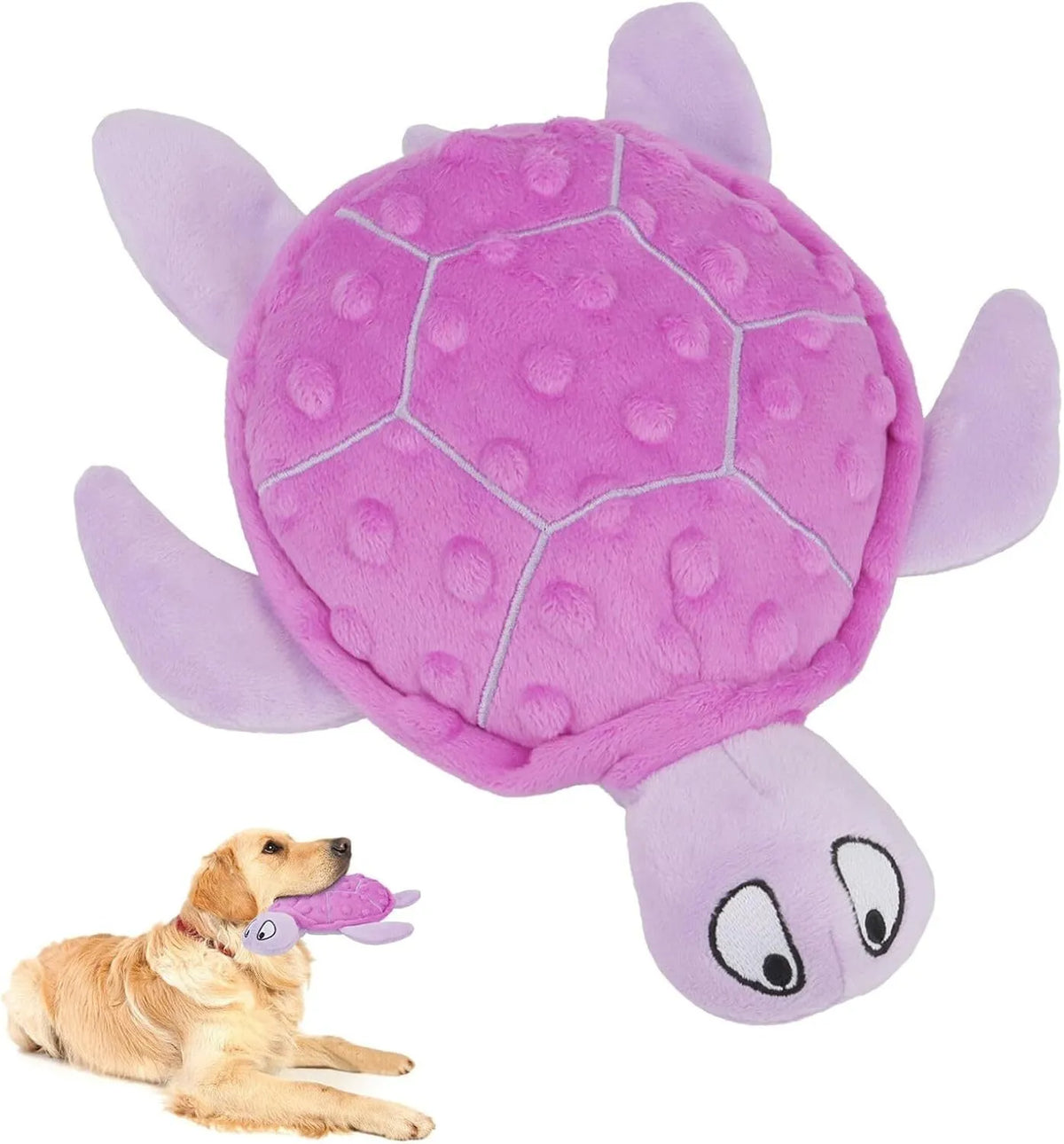 Blue sea turtle plush dog toy with squeaker, crinkle and rattle sounds for small dogs.