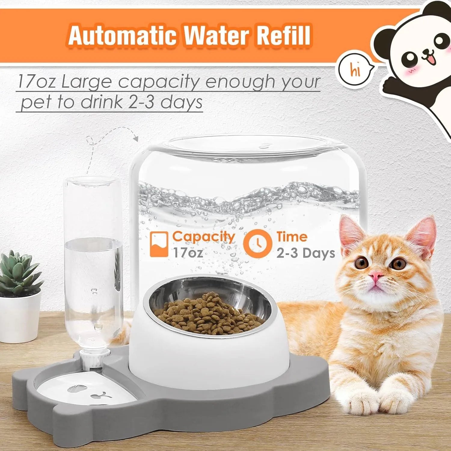 Grey panda-shaped tilted pet feeder with food bowl, water bowl, and a 17oz water bottle attached.