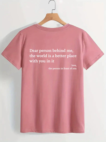 Stylish women's graphic t-shirt with trendy slogan, featuring a vibrant print design and comfortable short sleeve silhouette.