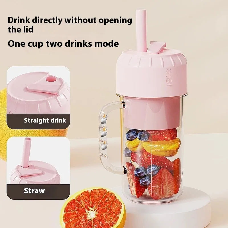 Portable USB-powered juicer in cherry blossom pink or avocado green with 150W motor