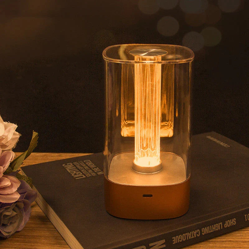 Elegant touch-controlled bedside lamp with soft, warm lighting, unique lamp post design, and wireless USB charging