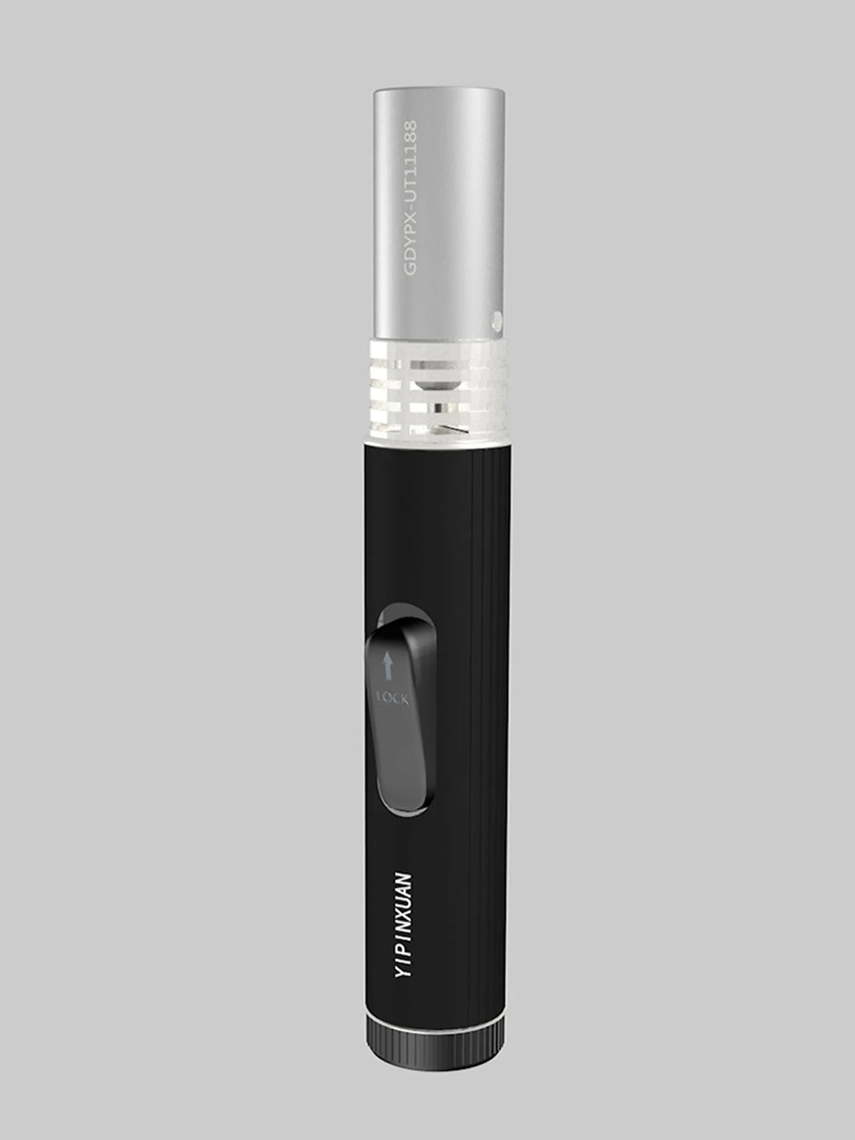 Black portable metal flamethrower with child safety lock for outdoor camping and BBQ use.
