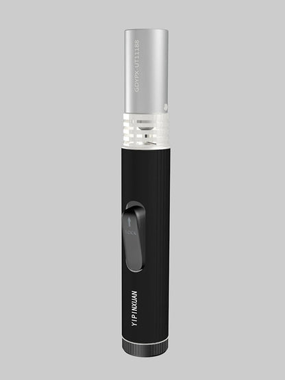 Black portable metal flamethrower with child safety lock for outdoor camping and BBQ use.