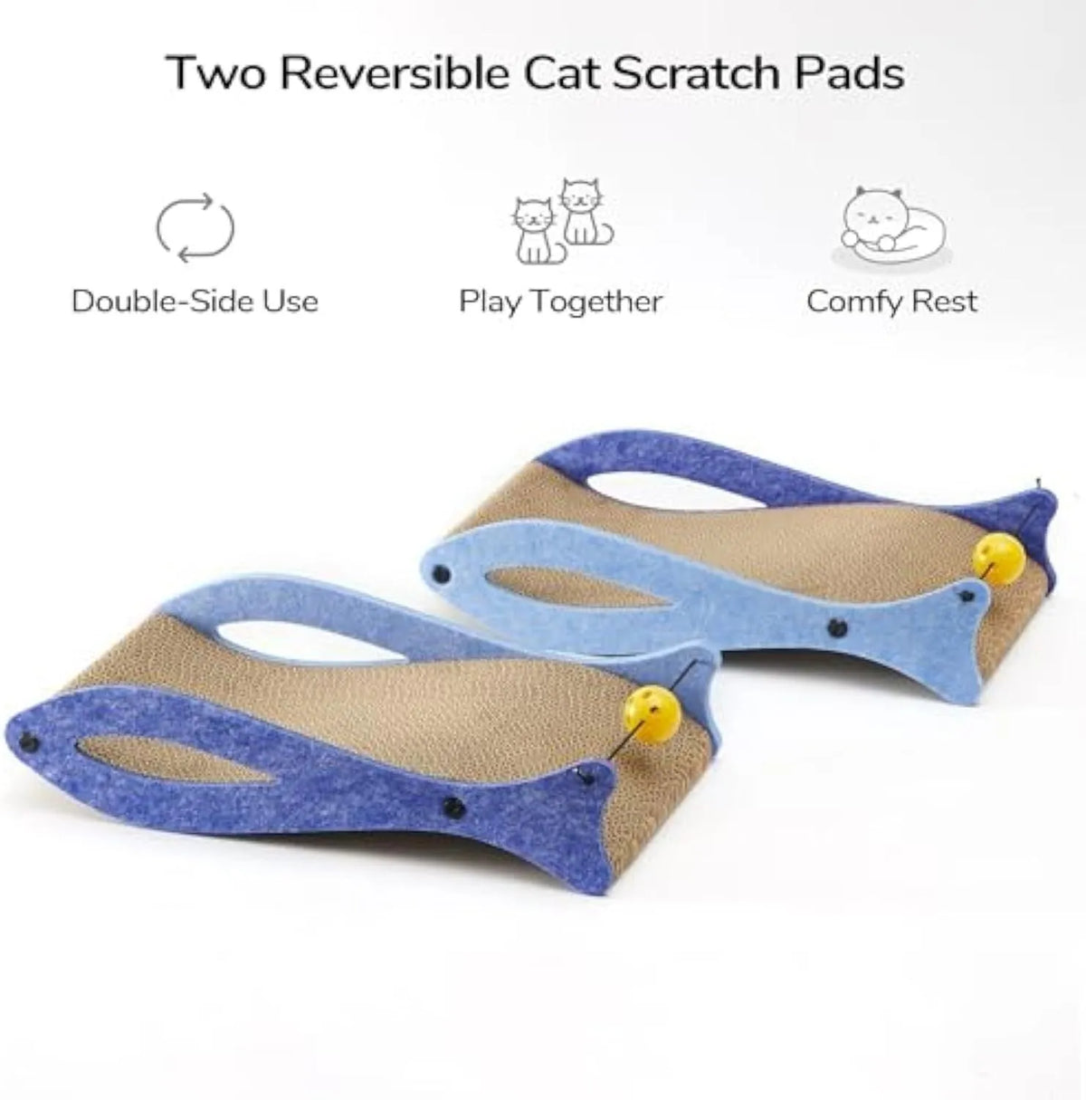 Blue fish-shaped cat scratcher with bell toys on elastic cord, dimensions 46cm by 25cm by 10cm