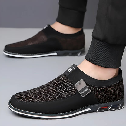Men's grey and white synthetic leather slip-on casual shoes with a square toe and flat rubber sole.