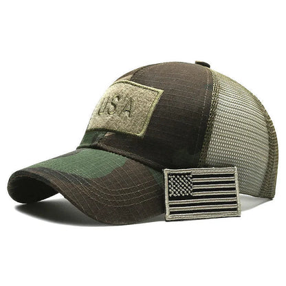 Adjustable camouflage baseball cap with Velcro closure and machine embroidery detailing