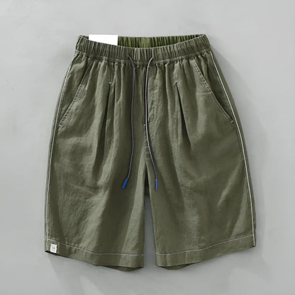 Men's linen shorts in loose straight drooping style with drawstring waist in green colour