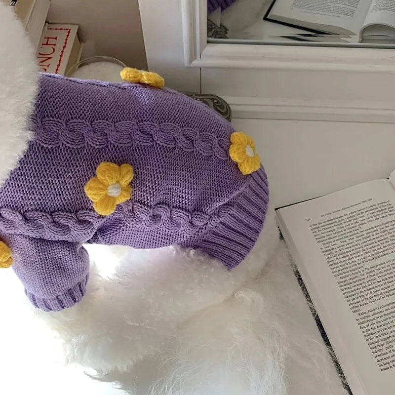 Purple flower print knitted dog clothing shown on small dog with size indicators