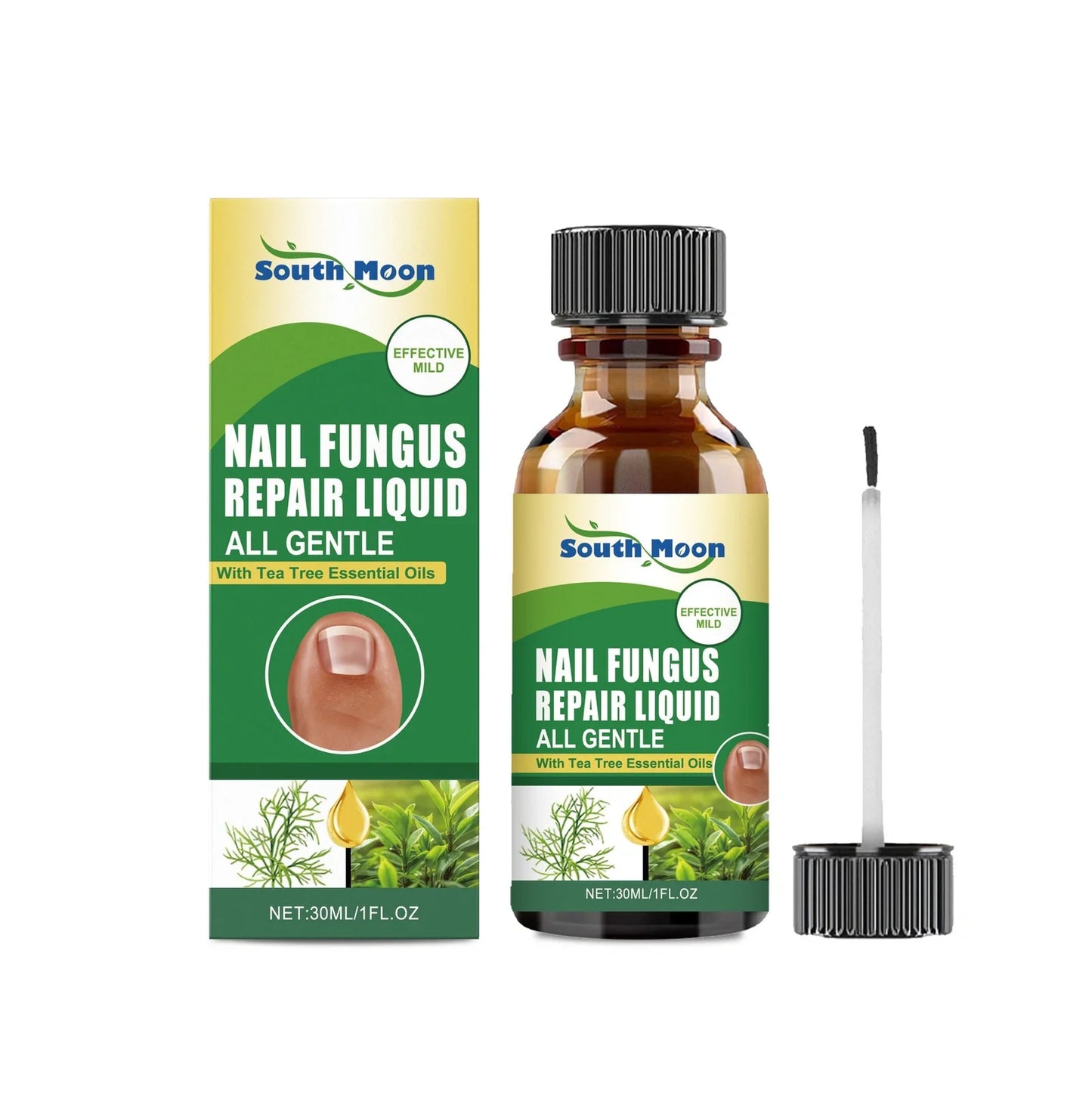 30ml bottle of nail fungus repair solution with dropper containing tea tree oil and colloidal silver