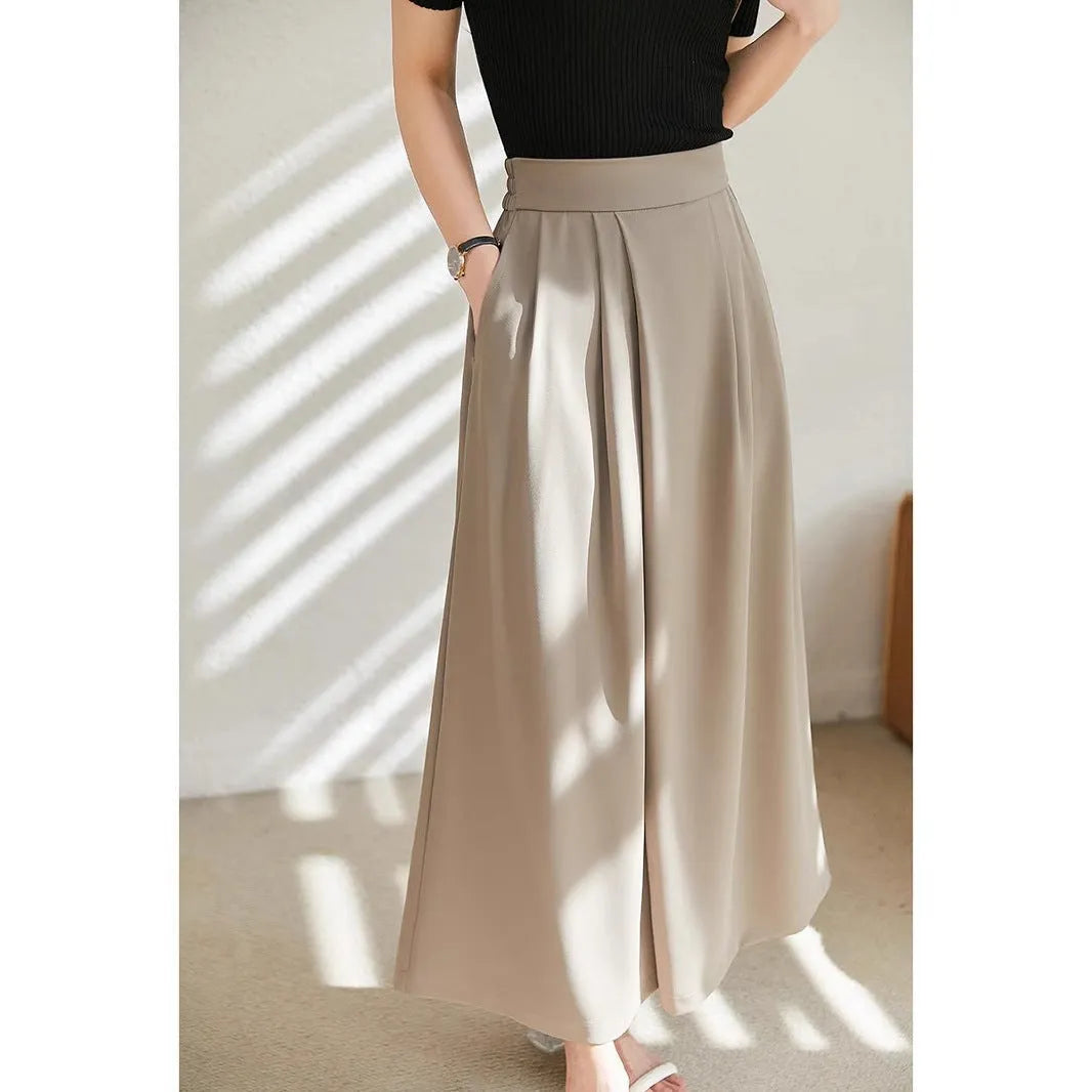 Wide-leg trousers for women, loose stacked design, milk apricot polyester, sizes S-XXL