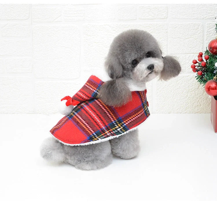 Christmas red check knitted turtleneck dog sweater with suede lining