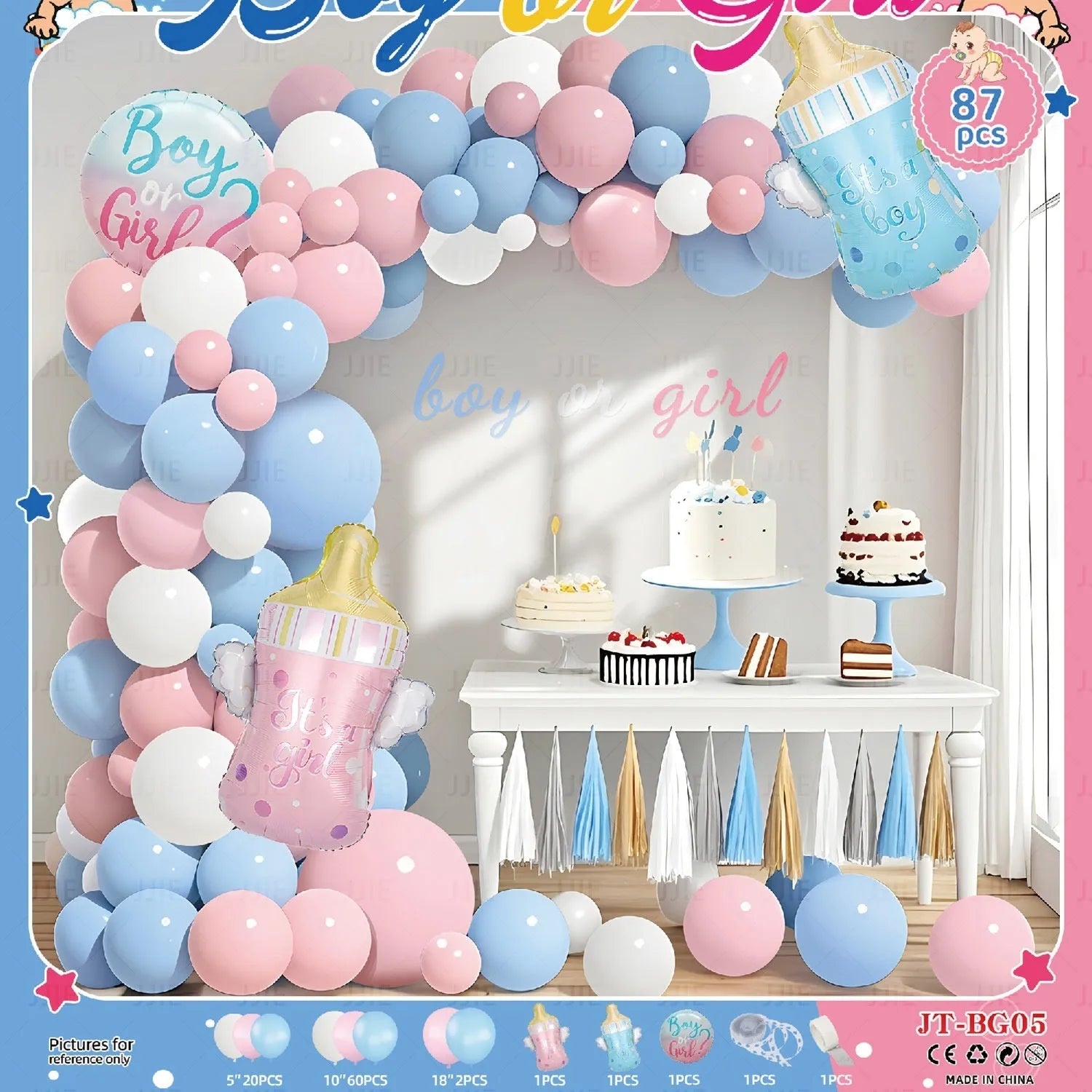 Baby gender reveal balloon decoration suit with metallic aluminium film balloons in pink and blue