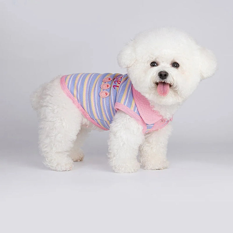 Autumn dog vest for small pets in pink purple colour, available in seven sizes from XXS for 1.50kg dogs to XXL for 14.00kg dogs, lightweight jacket for cool weather