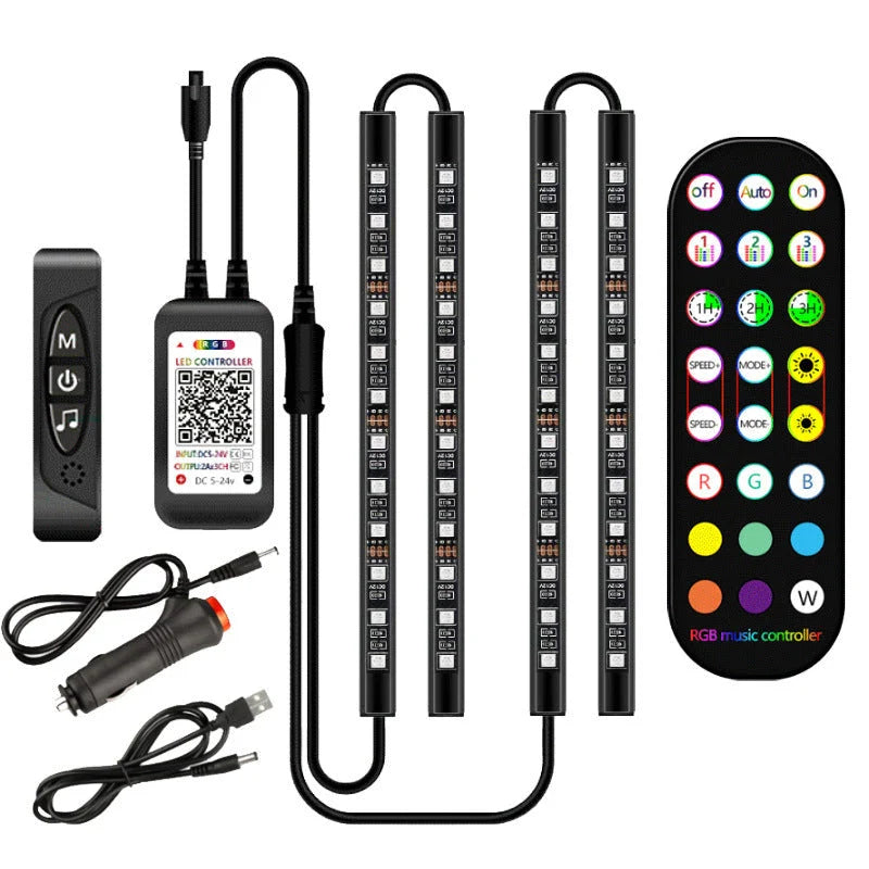 Stylish car interior mood lighting kit with remote control for customizable LED illumination