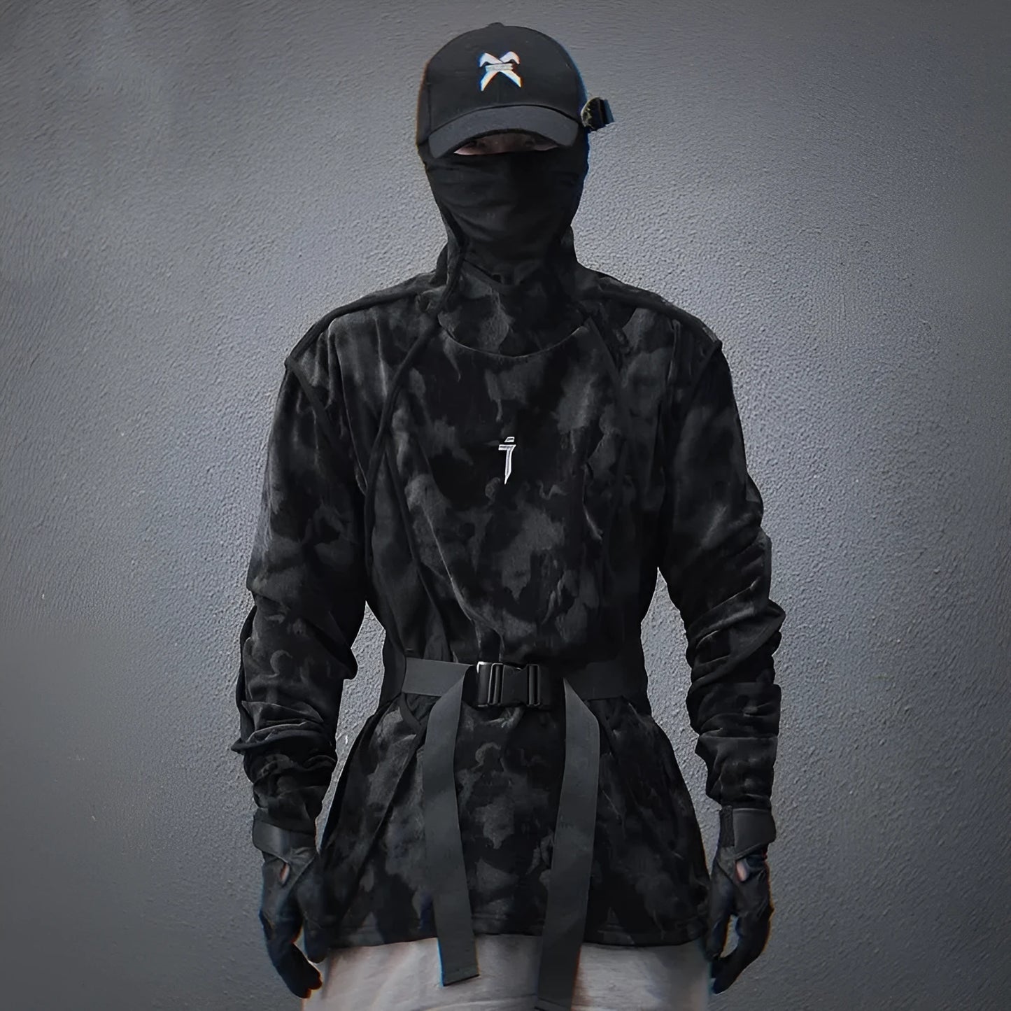 Men's black tie dye printed finger turtleneck sweater with drop-shoulder sleeves