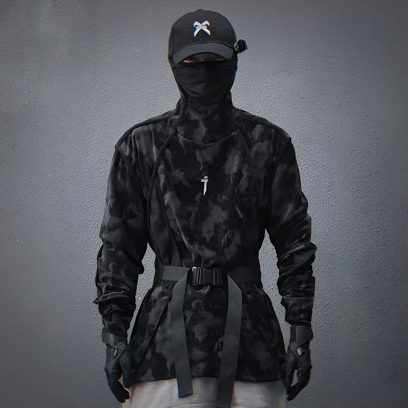 Men's black tie dye printed finger turtleneck sweater with drop-shoulder sleeves