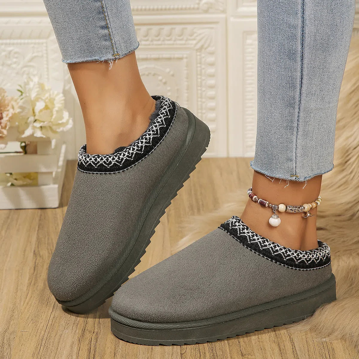 Women's half-slipper snow boots with faux fur lining, faux PU upper, and non-slip rubber sole in maroon.