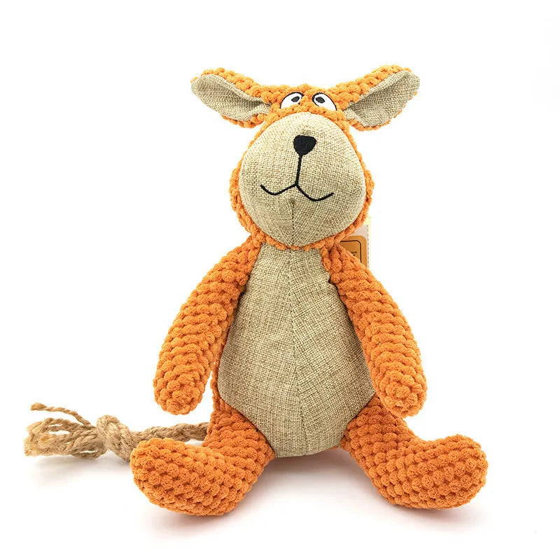 Plush dog squeaky chew toy in animal shape options: donkey, elephant, orangutan, or rabbit.
